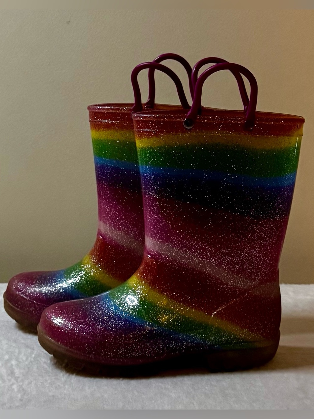 Girls US 11 Rainbow Glitter Rain Boots with Light up activation